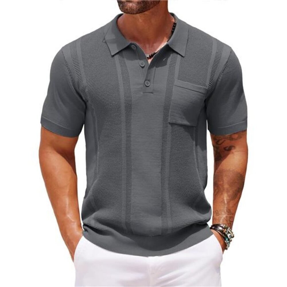 Textured Knit Polo Shirt Men Short Sleeve Slim Fit